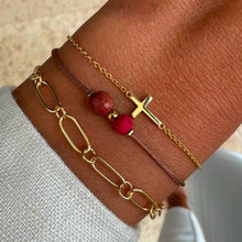 Load image into Gallery viewer, Semiprecious Line Brown Sunstone & Red Lava Stone on Mocha Bracelet