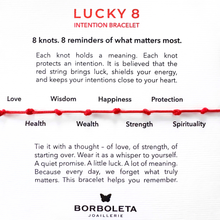 Load image into Gallery viewer, Lucky 8 intention bracelet description with Borboleta Joaillerie branding.