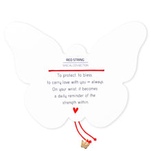 Load image into Gallery viewer, red string bracelet with text on a white background by borboleta