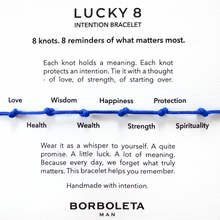 Load image into Gallery viewer, Borboleta Man Lucky 8 Intention Bracelet description with blue string on a white background