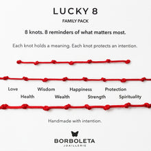 Load image into Gallery viewer, Red lucky8 family package 8 knot bracelets with meanings on a white background, Borboleta Joaillerie branding.