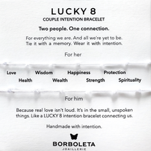 Učitaj sliku u preglednik galerije, Borboleta Lucky 8 couple intention bracelet with text and brand logo.