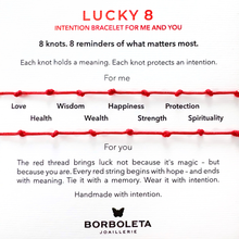 Load image into Gallery viewer, Red bracelet with eight knots and Borboleta Joaillerie branding on a white background