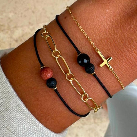 Semiprecious Line Brown Sunstone & Black Lava Stone on Black Bracelet