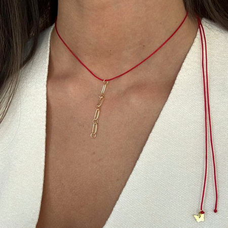 Yellow Gold Plated Link Chain Red String Necklace