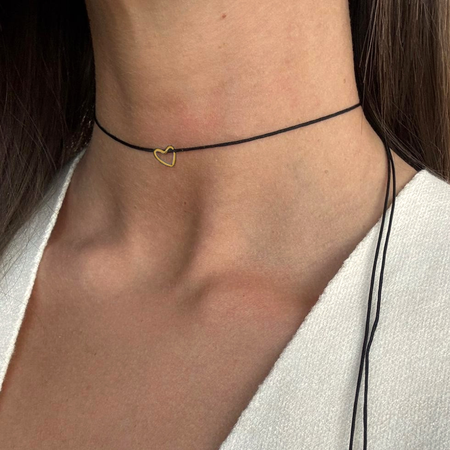 Yellow Gold Plated Petite Heart Black String Necklace