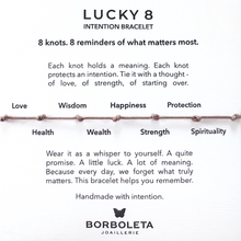Load image into Gallery viewer, Lucky 8 intention bracelet description with Borboleta Joaillerie branding.
