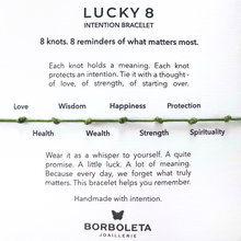 Load image into Gallery viewer, Lucky 8 intention bracelet description with Borboleta Joaillerie branding.
