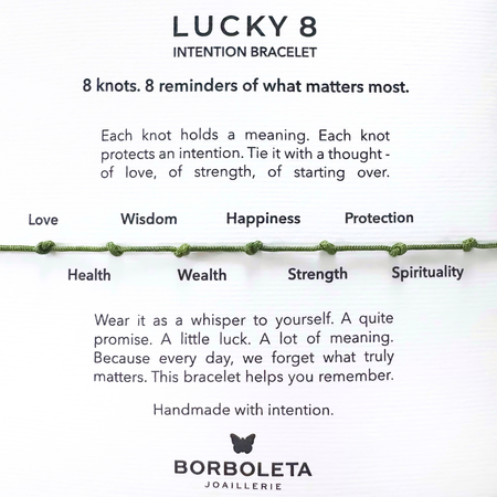 Lucky 8 intention bracelet description with Borboleta Joaillerie branding.