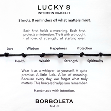 Load image into Gallery viewer, Lucky 8 intention bracelet description with Borboleta Man branding.
