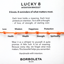 Load image into Gallery viewer, Lucky 8 intention bracelet description with Borboleta Man branding.
