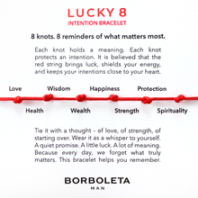 Load image into Gallery viewer, Lucky 8 intention bracelet description with red string and text on a white background
