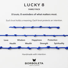 Load image into Gallery viewer, Lukcy8 indigo blue family package bracelets with eight knots, each representing a meaning, on a white background with Borboleta Joaillerie branding.
