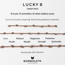Load image into Gallery viewer, Borboleta Joaillerie Lucky8 mocha family pack with eight knots and their meanings on a white background.
