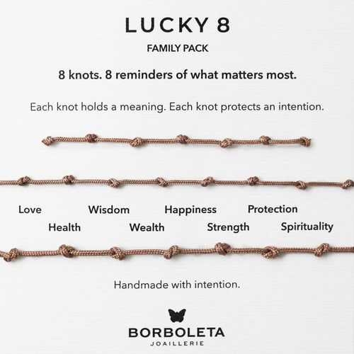 Borboleta Joaillerie Lucky8 mocha family pack with eight knots and their meanings on a white background.