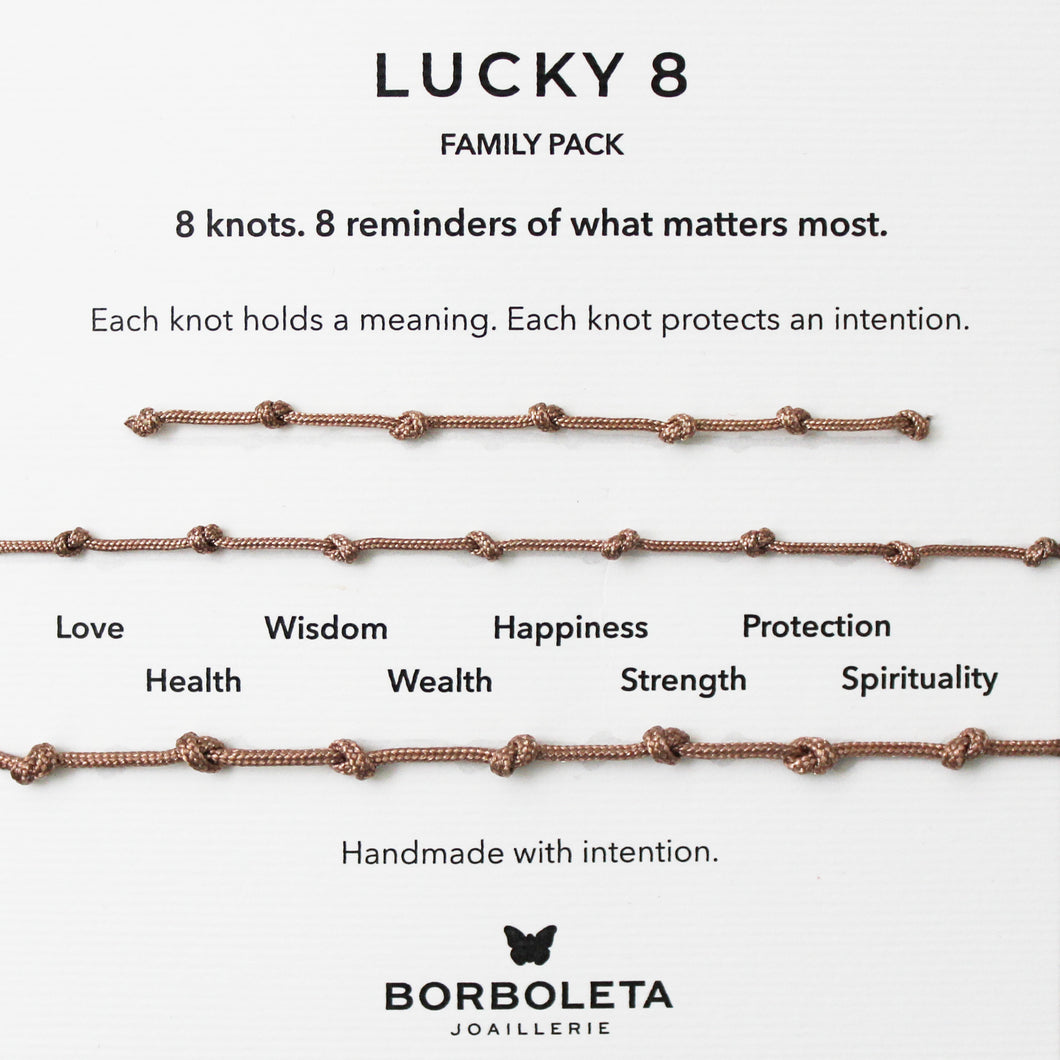 Borboleta Joaillerie Lucky8 mocha family pack with eight knots and their meanings on a white background.