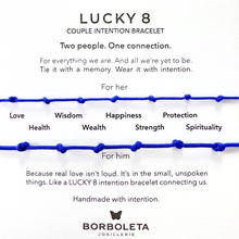 Učitaj sliku u preglednik galerije, Lucky 8 couple intention bracelet with blue cord and Borboleta Joaillerie branding.
