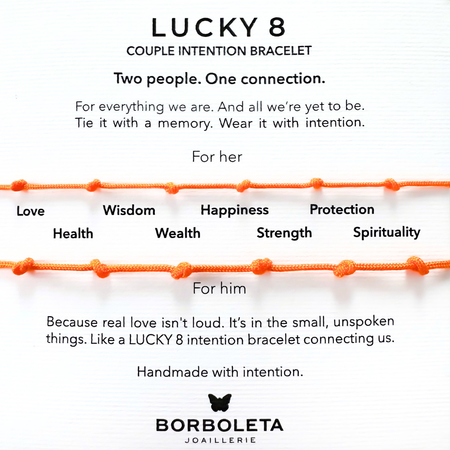 Lucky 8 couple intention bracelet description with Borboleta Joaillerie branding.