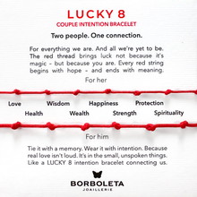 Učitaj sliku u preglednik galerije, Borboleta Joaillerie Lucky 8 couple intention bracelet with red thread.
