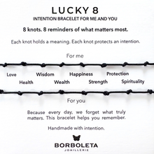 Load image into Gallery viewer, Lucky 8 bracelet description with Borboleta Joaillerie branding
