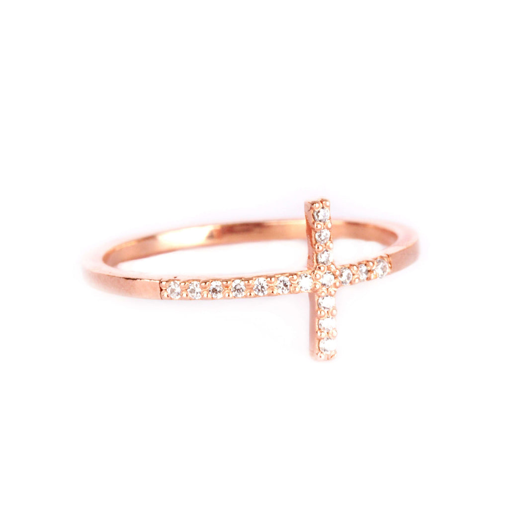 Memoire Zircon Cross Ring - Rose Gold Plated